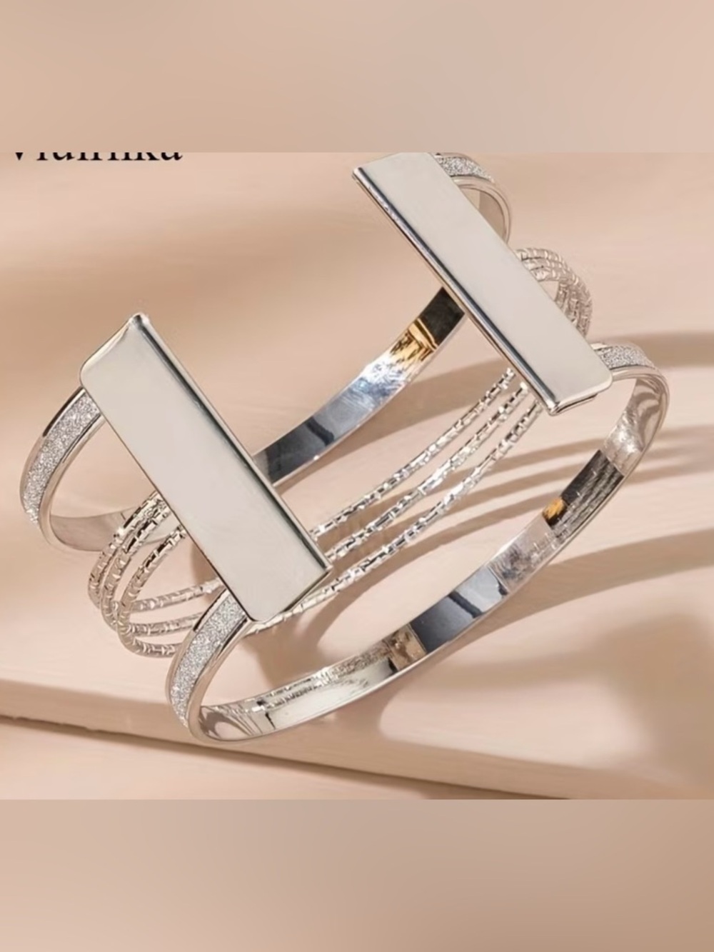Silver Multi-Band Sparkle open adjustable vintage Cuff Bracelet - Picture 3 of 9